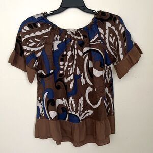Terzo Millennio 100% Linen Ruffle Hem Tunic Top, Made In Italy, Brown Boho- L